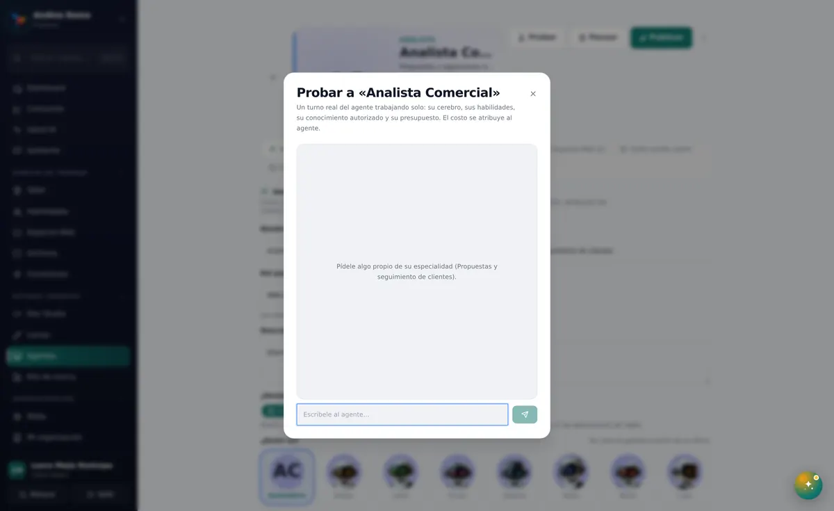 La conversación de prueba con el agente. Zonas señaladas: 1: Probar a «agente»; 2: Escríbele al agente….