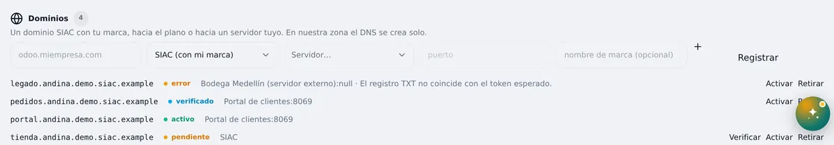 Dominios en sus tres estados. Zonas señaladas: 1: Dominios; 2: Registrar; 3: Estado del dominio; 4: Verificar; 5: Activar; 6: Retirar.