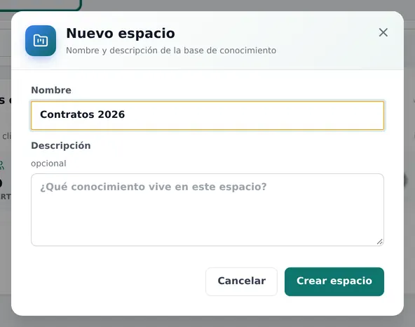 La ventana «Nuevo espacio» con el nombre escrito. Zonas señaladas: 1: Nombre; 2: Descripción; 3: Crear espacio.